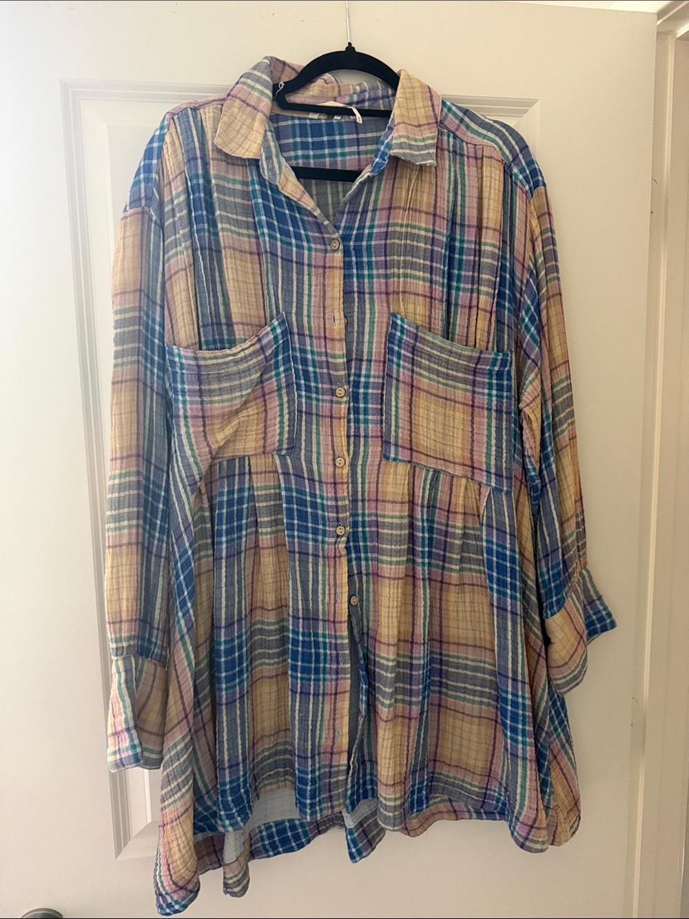 Free People Pastel Plaid Tunic Top in Blue, Yellow, Pink